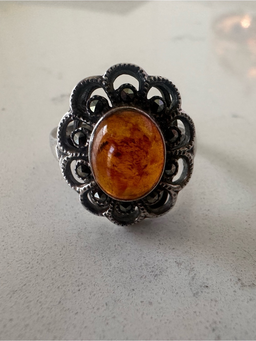 Vintage sterling silver and amber flower ring 6.5